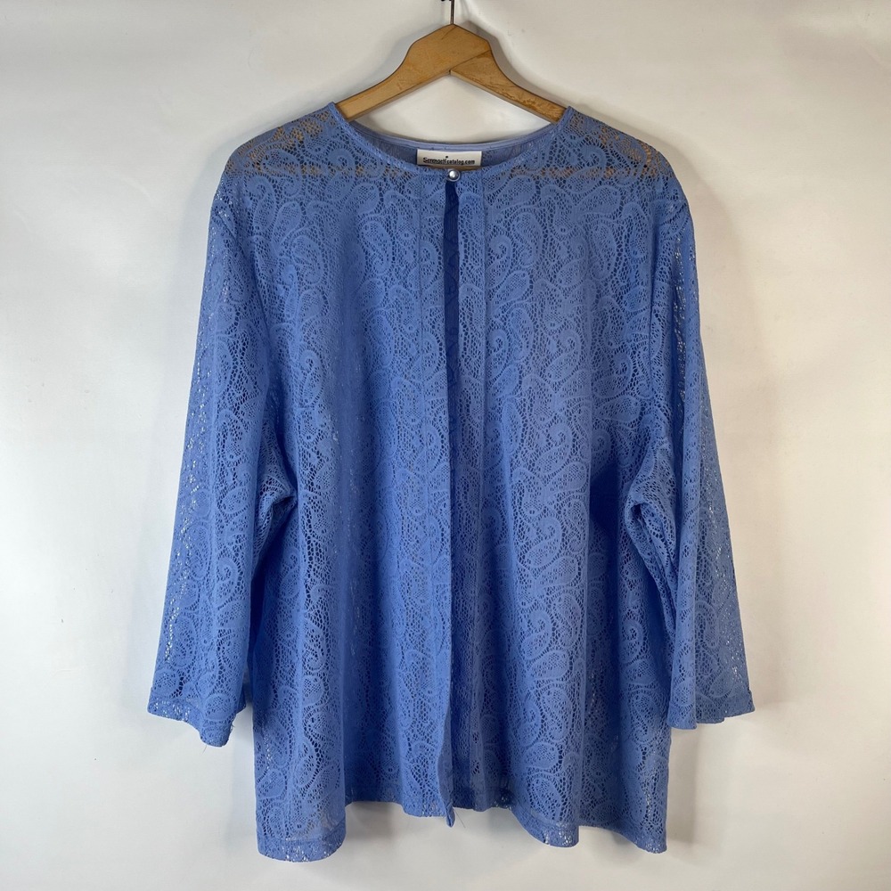 Serengeti Lace Cardigan Women 3X Blue Paisley Sheer Open Front 3/4 Sleeve